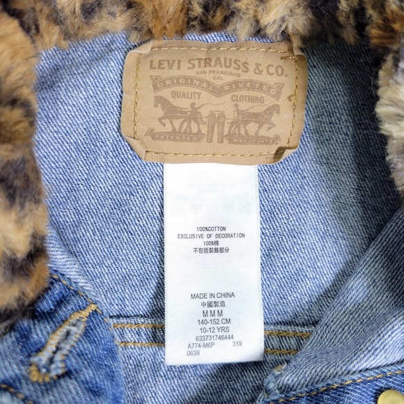 Kids Levi Strauss Denim‎ Jacket Faux Fur Collar Leopard Print Size 10/12 Years - Picture 4 of 14